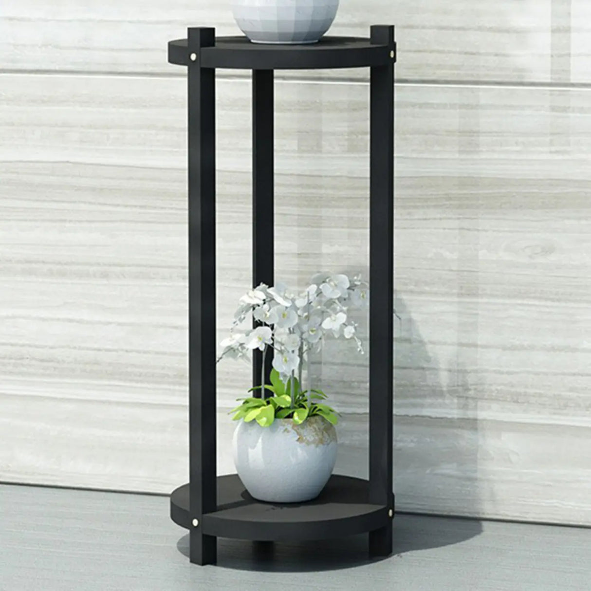 White Display Shelf Round Wood Multi-Tier Plant Stand Image - 9