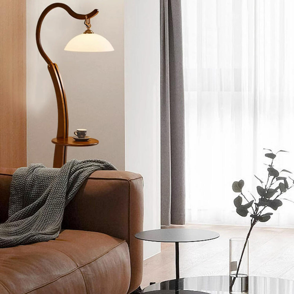 White Dome and Curved Wooden Floor Lamp with Shelf Image - 10