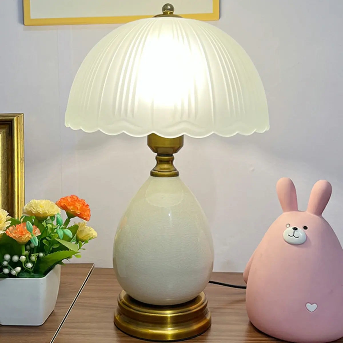 White Dome Frosted Glass Shade Ceramic Base Table Lamp Image - 3