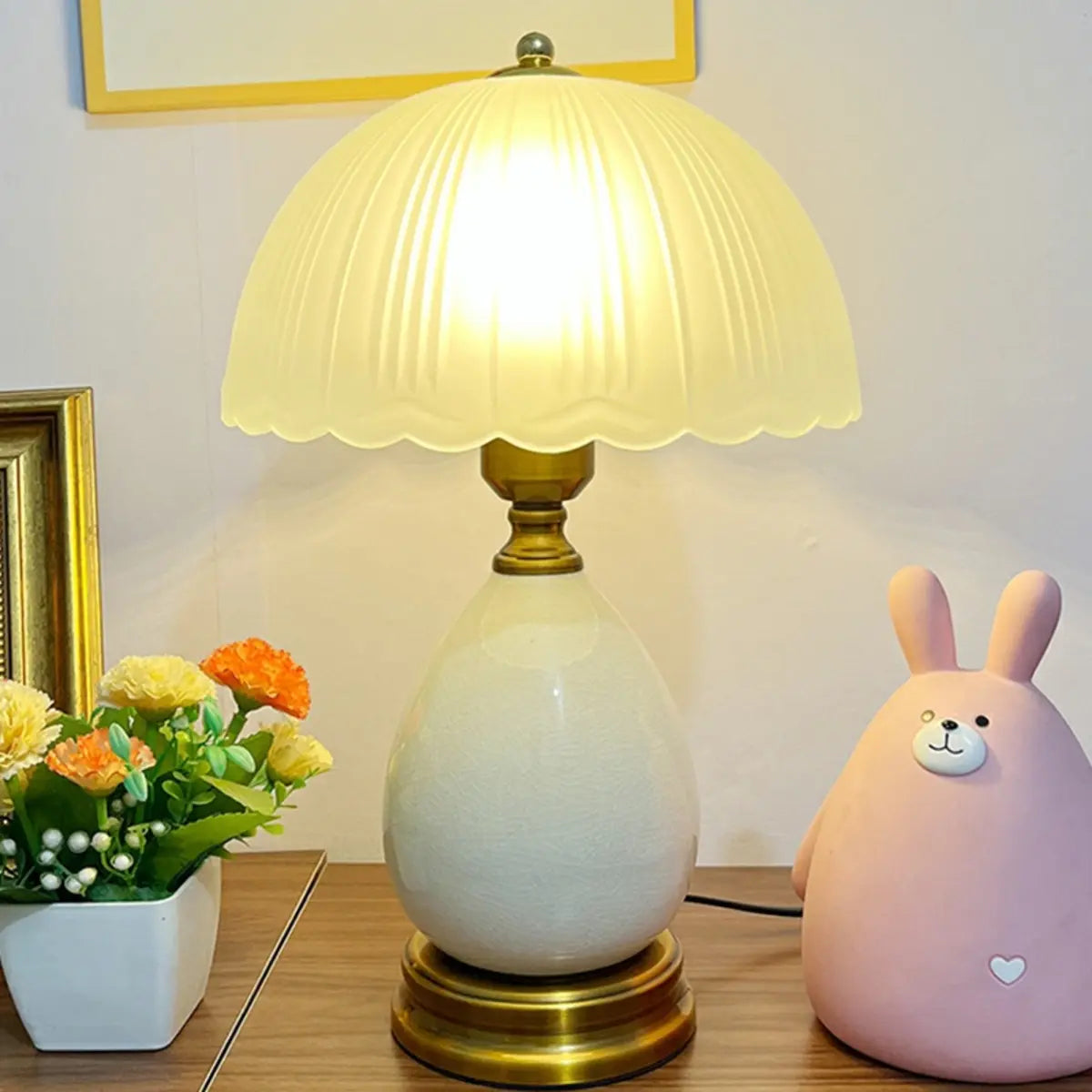 White Dome Frosted Glass Shade Ceramic Base Table Lamp Image - 6