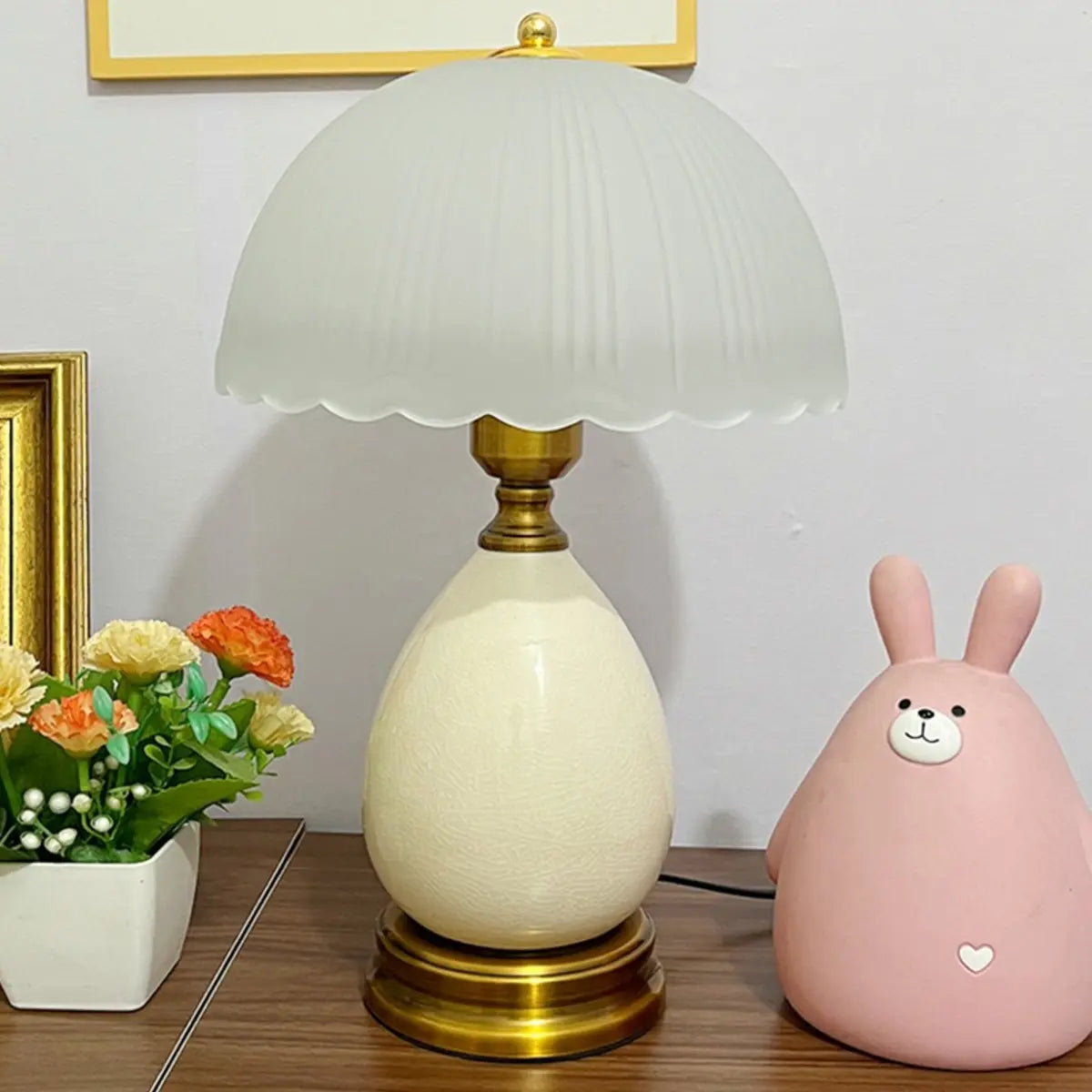 White Dome Frosted Glass Shade Ceramic Base Table Lamp Image - 7