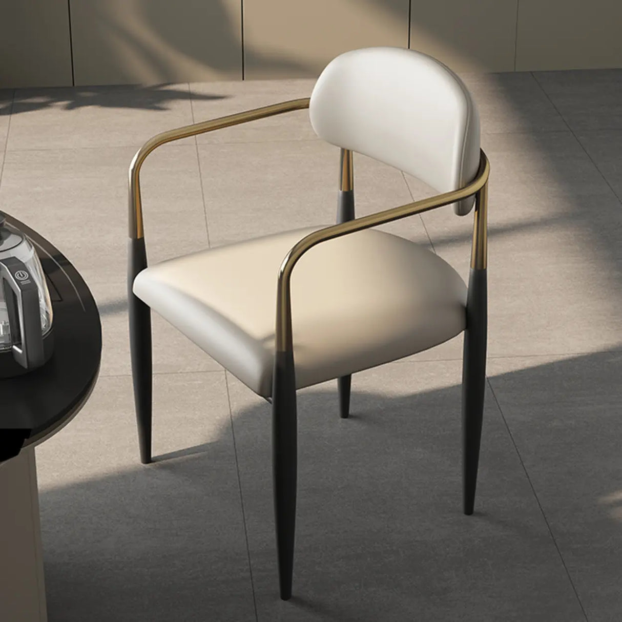 White Faux Leather Padded Seat Armrest Dining Chair Image - 4