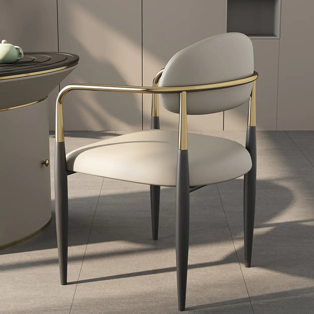 White Faux Leather Padded Seat Armrest Dining Chair Image - 5