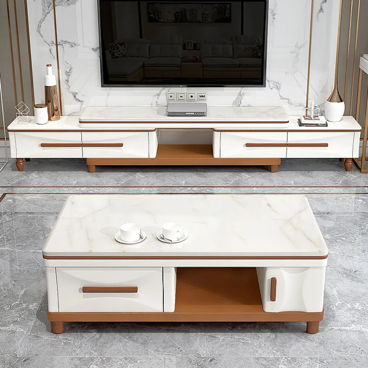 White Faux Marble Drawers Rectangle Long TV Stand Image - 1