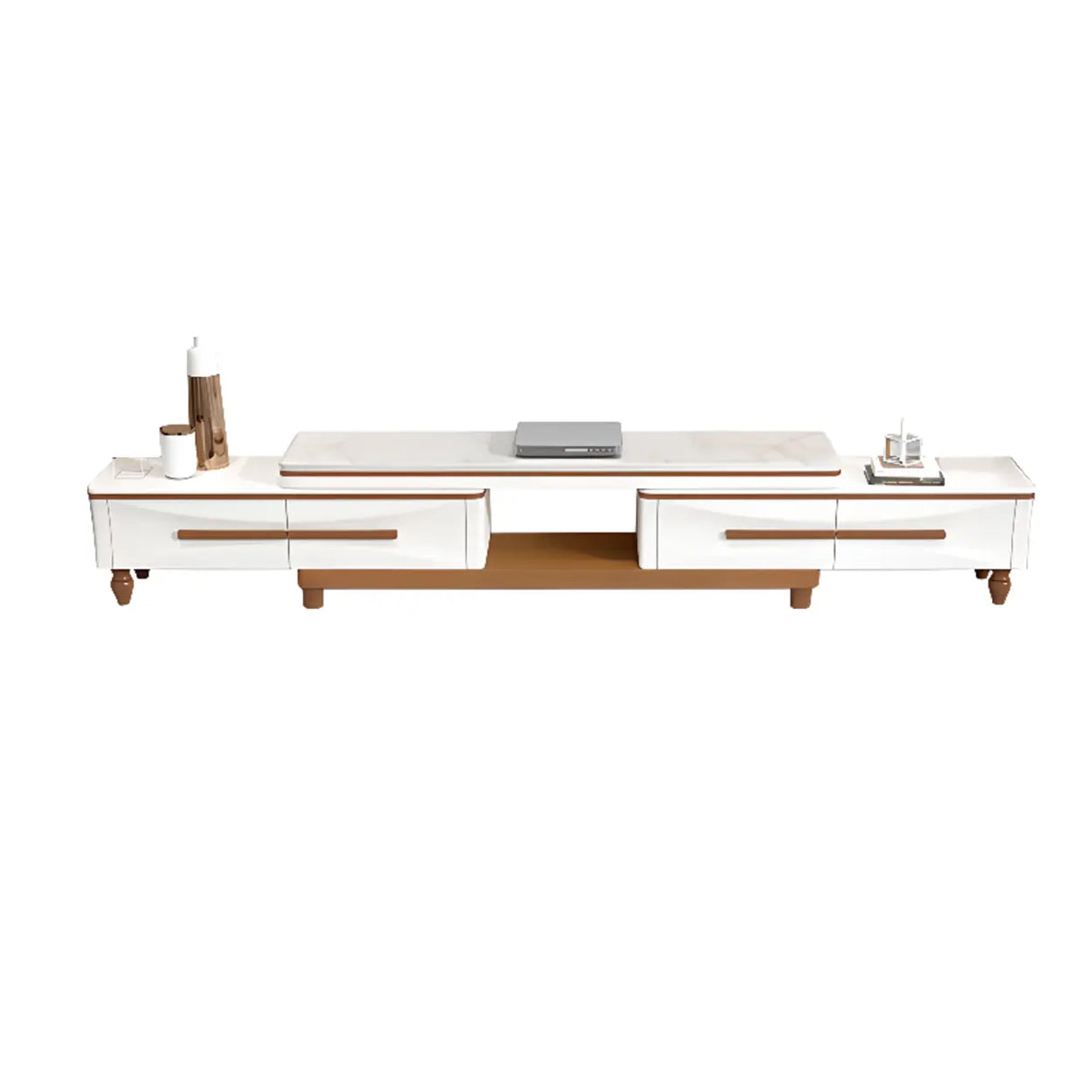 White Faux Marble Drawers Rectangle Long TV Stand Image - 2