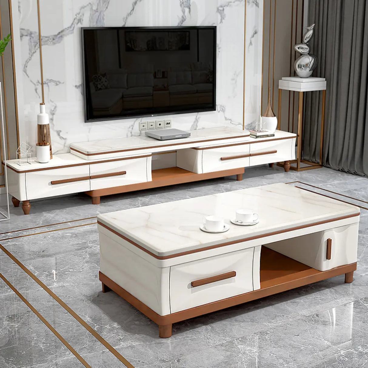 White Faux Marble Drawers Rectangle Long TV Stand Image - 3