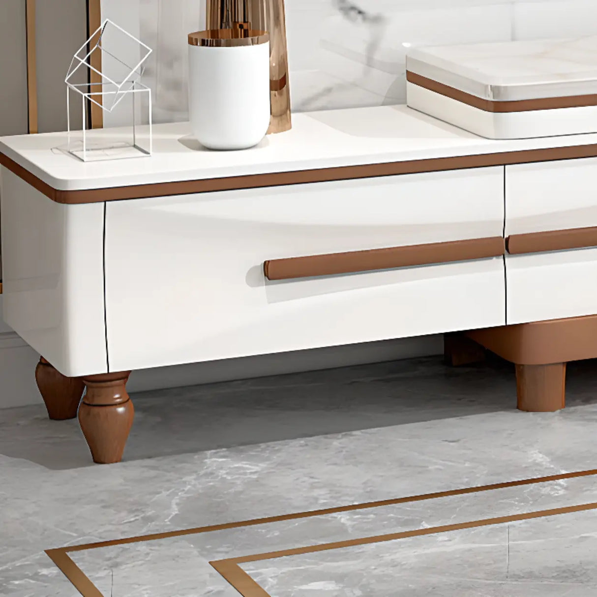 White Faux Marble Drawers Rectangle Long TV Stand Image - 4