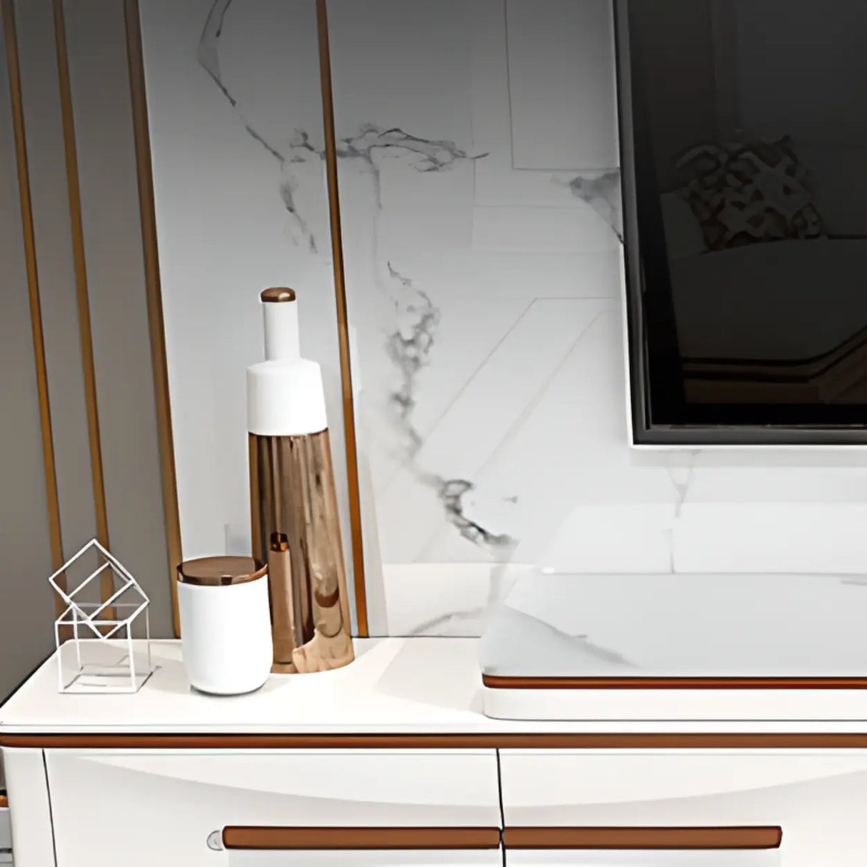 White Faux Marble Drawers Rectangle Long TV Stand Image - 5