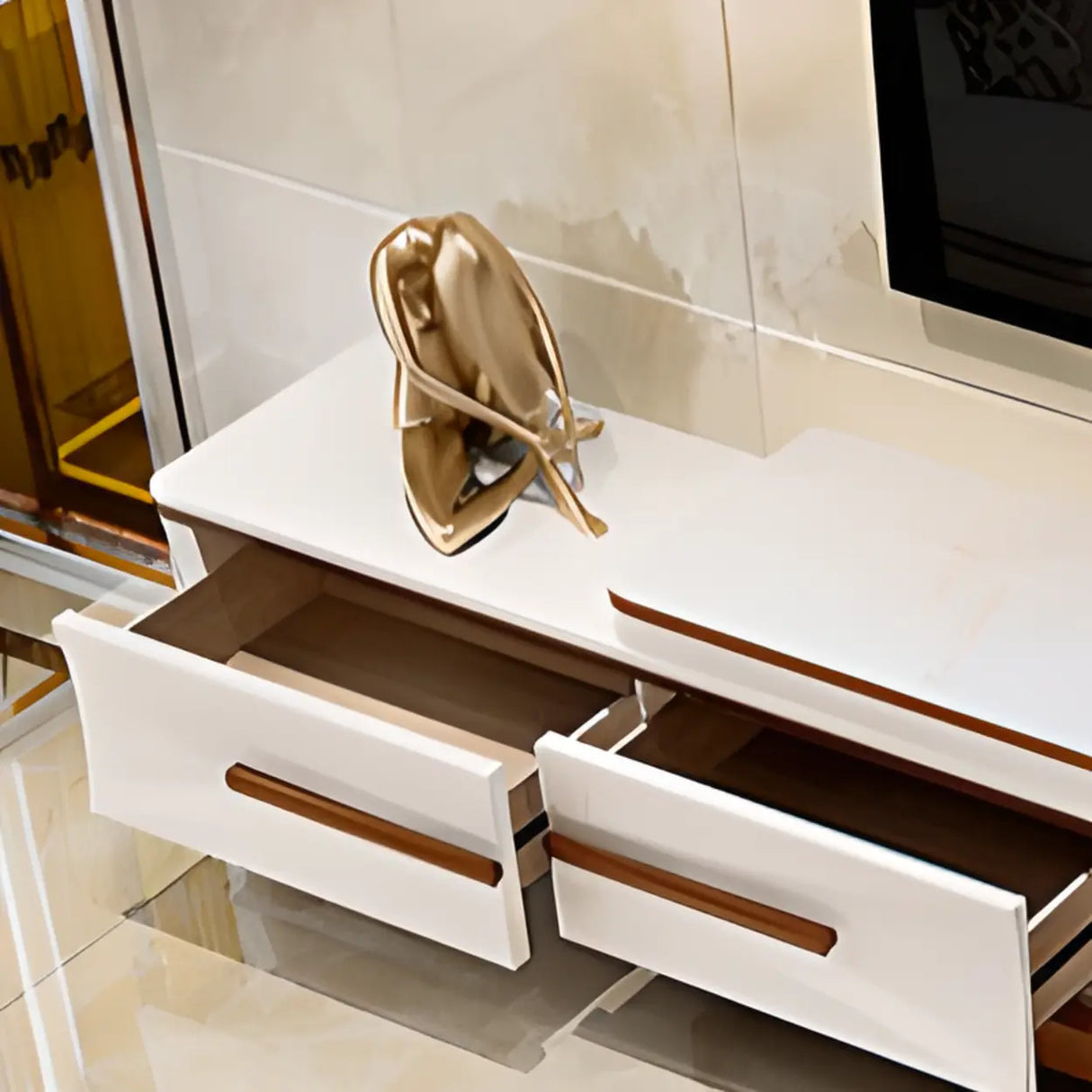 White Faux Marble Drawers Rectangle Long TV Stand Image - 7