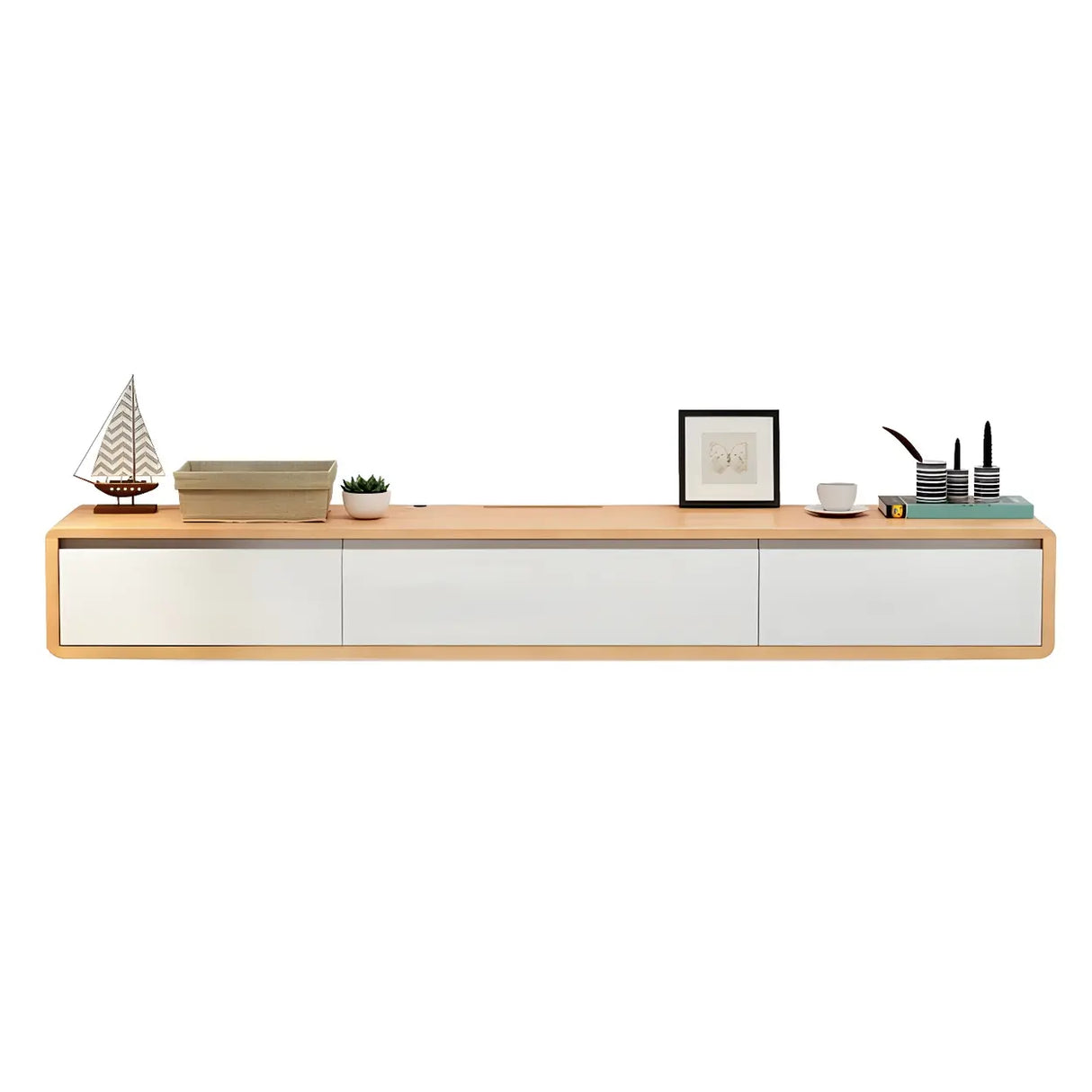 White Floating Mount Oak Wood Drawers Cabinet TV Stand Image - 11