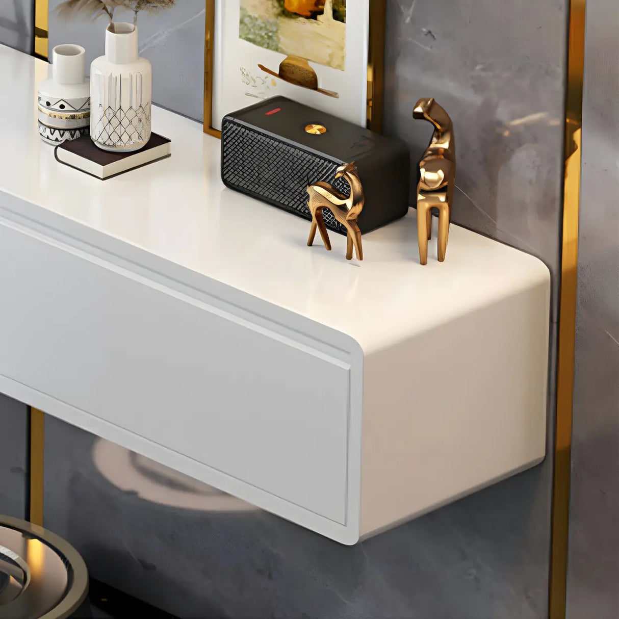 White Floating Mount Oak Wood Drawers Cabinet TV Stand Image - 12