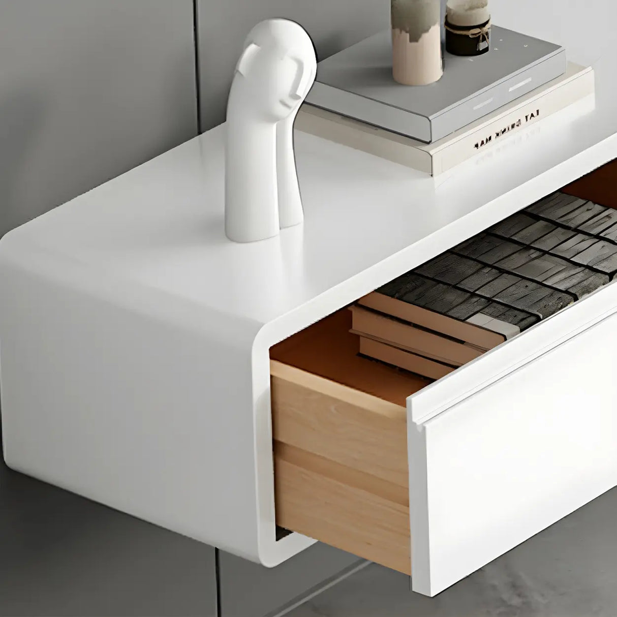 White Floating Mount Oak Wood Drawers Cabinet TV Stand Image - 17