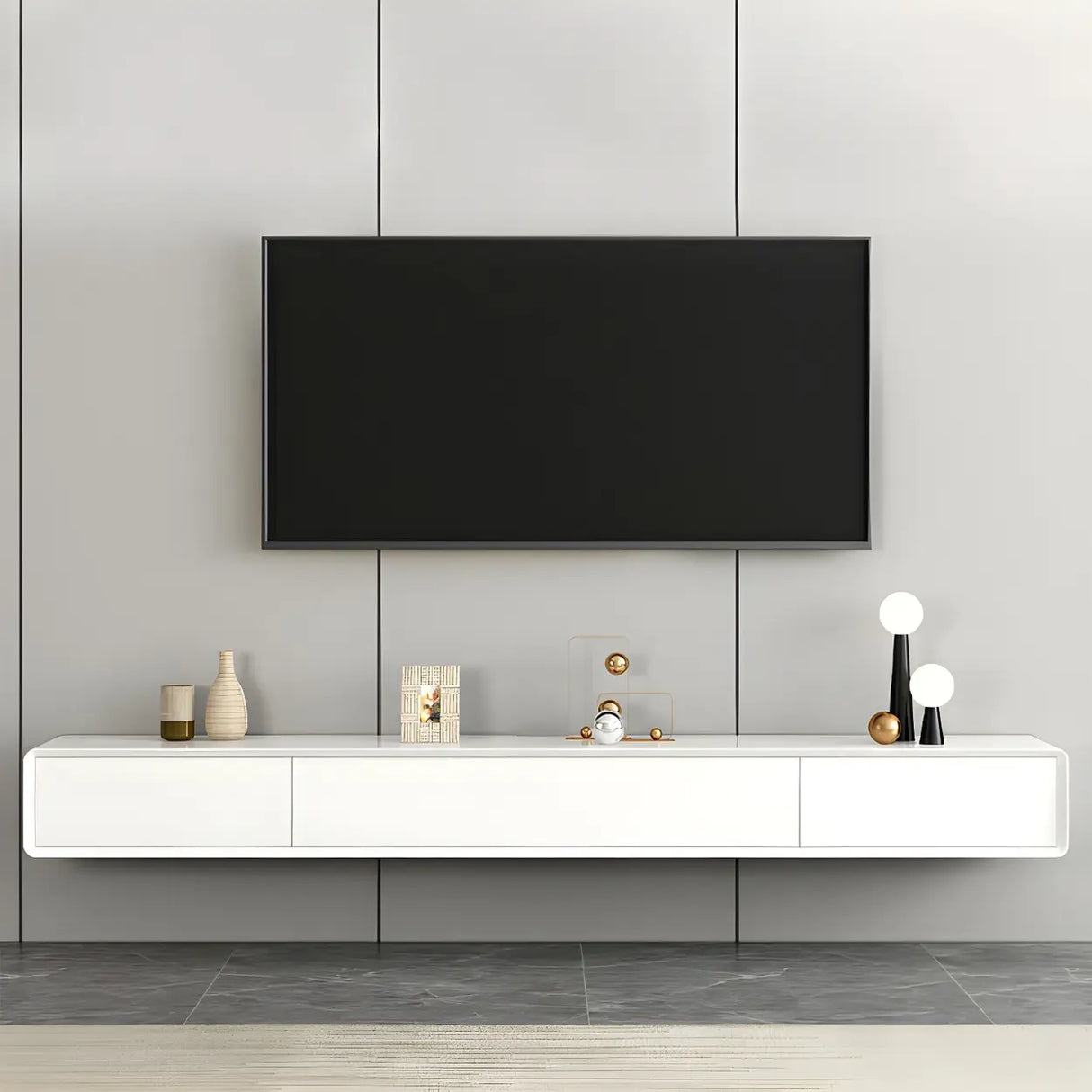 White Floating Mount Oak Wood Drawers Cabinet TV Stand Image - 18