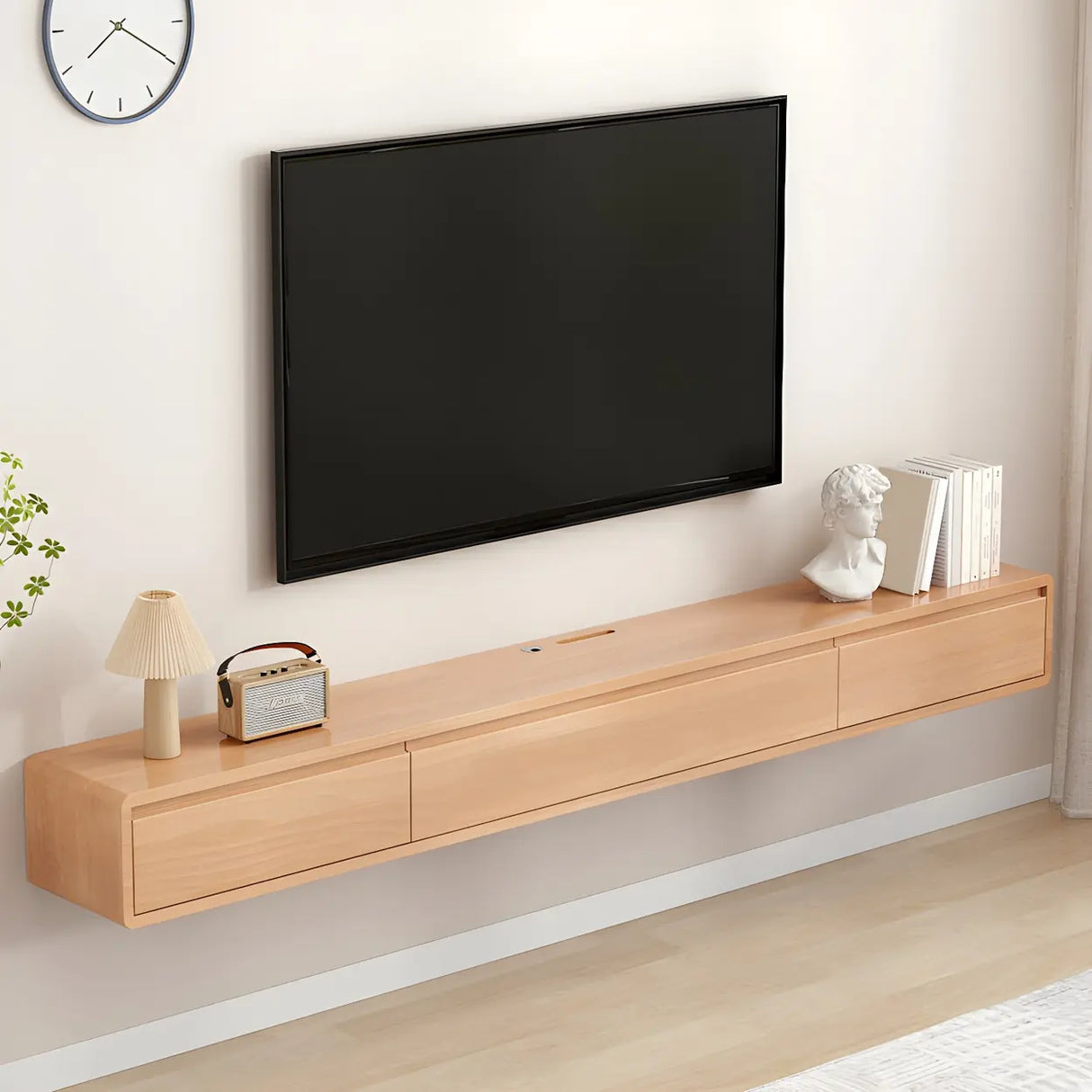 White Floating Mount Oak Wood Drawers Cabinet TV Stand Image - 4