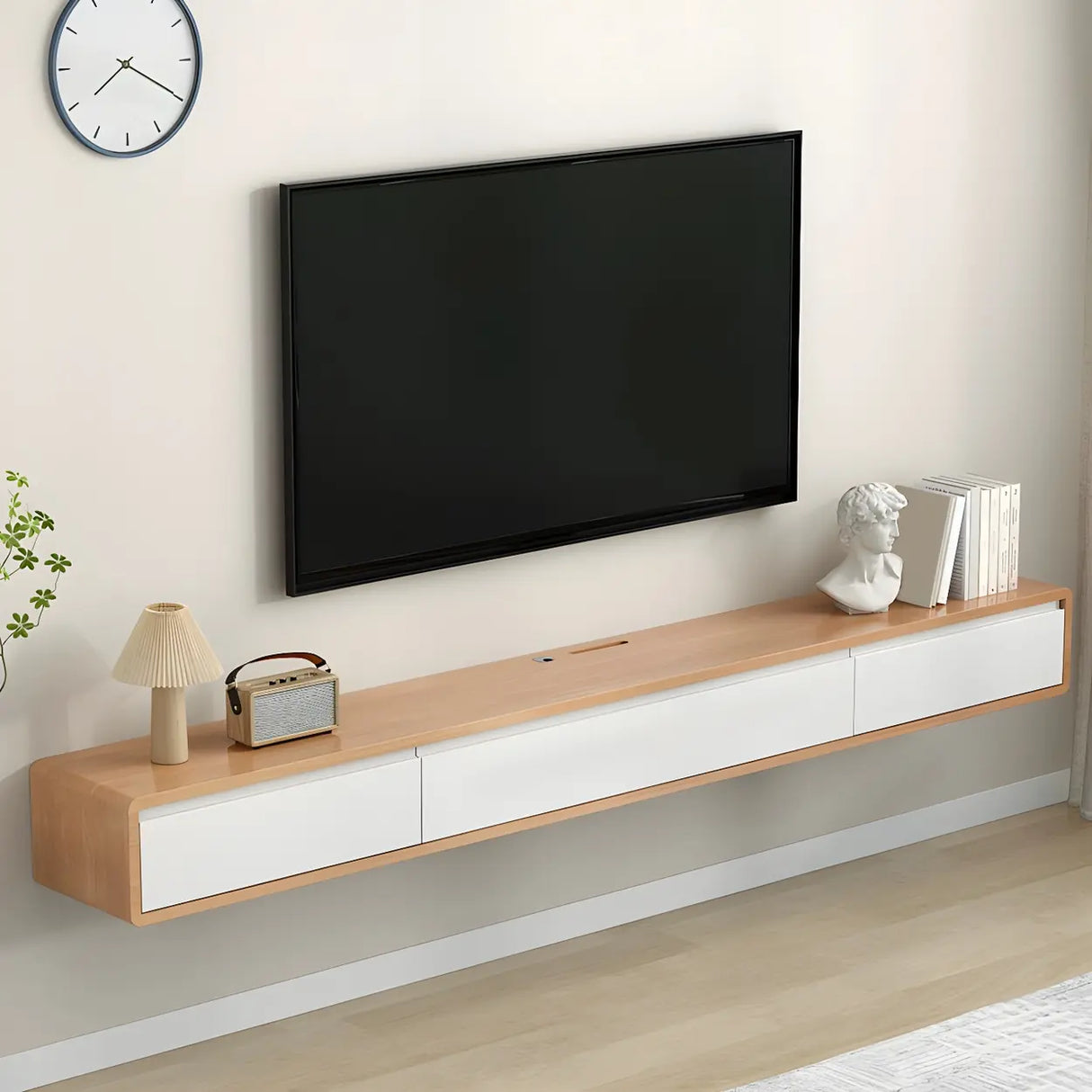 White Floating Mount Oak Wood Drawers Cabinet TV Stand Image - 5