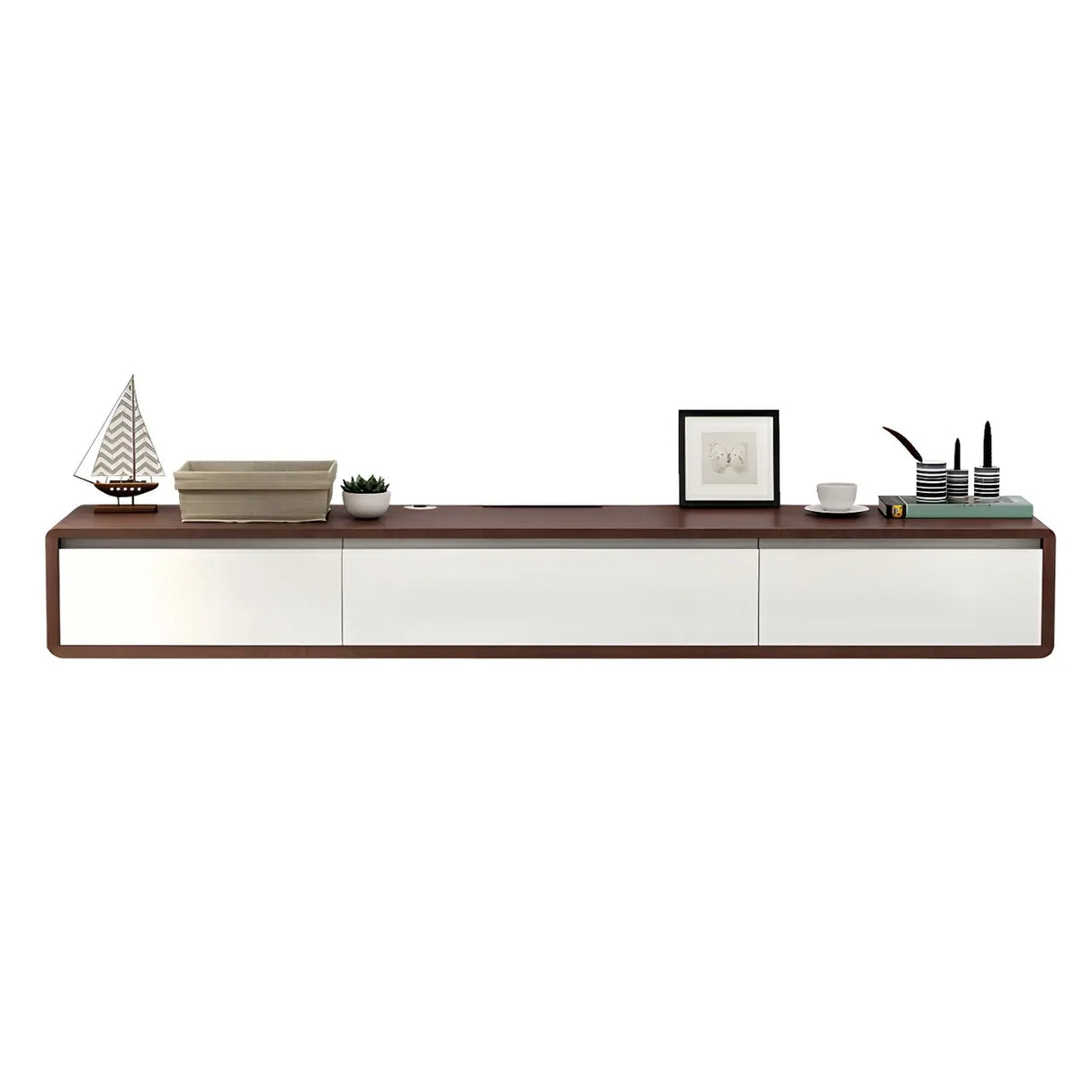 White Floating Mount Oak Wood Drawers Cabinet TV Stand Image - 7