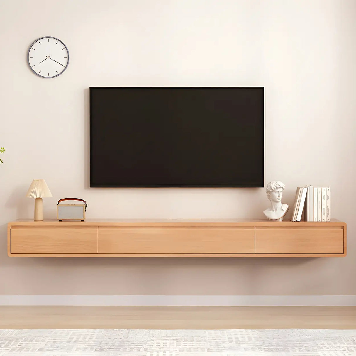 White Floating Mount Oak Wood Drawers Cabinet TV Stand Image - 8