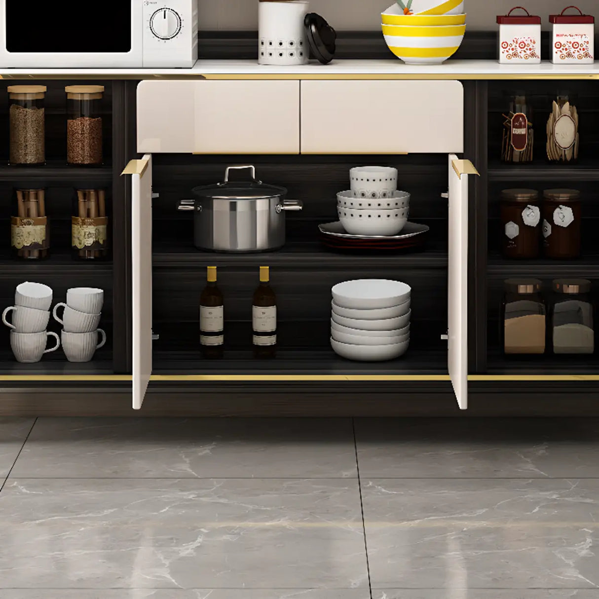 White Floor Wood Kitchen Hutch Storage China Cabinet Image - 10