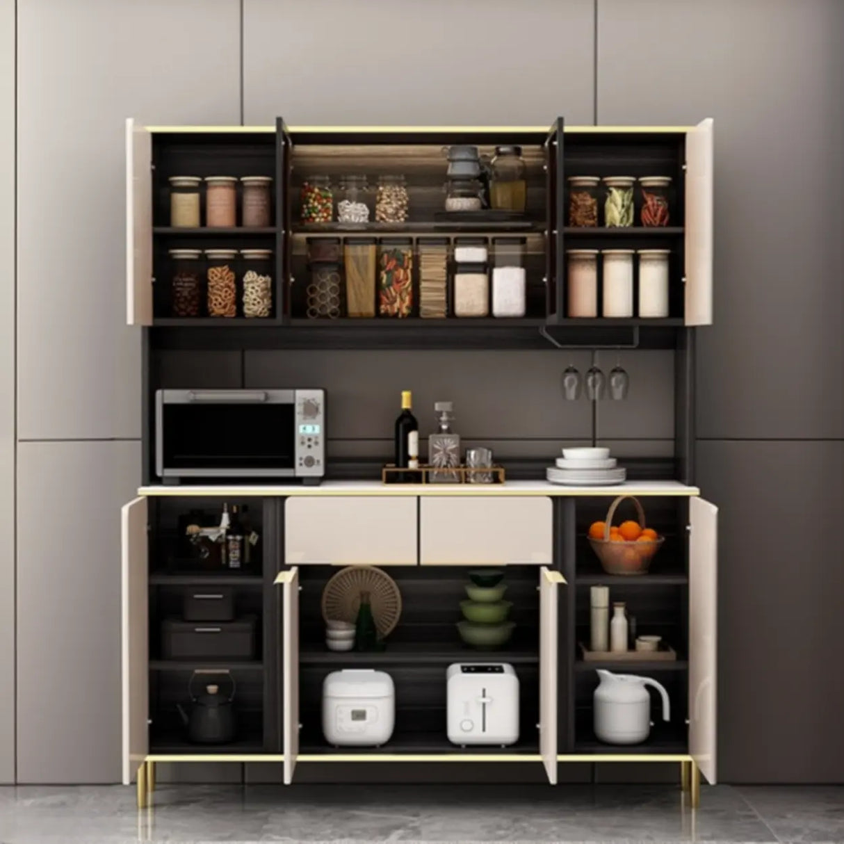 White Floor Wood Kitchen Hutch Storage China Cabinet Image - 6