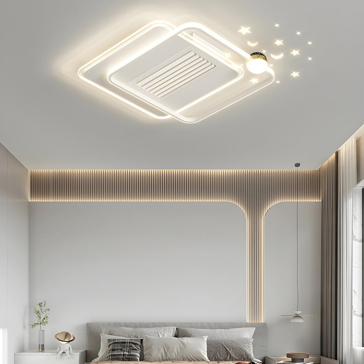 White Flush Simple Geometric Ceiling Fan with LED Light Image - 19