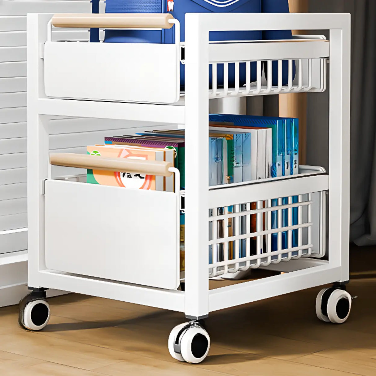 White Freestanding Metal Utility Cart with Drawers Image - 2