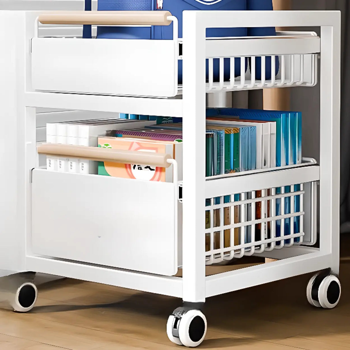 White Freestanding Metal Utility Cart with Drawers Image - 3