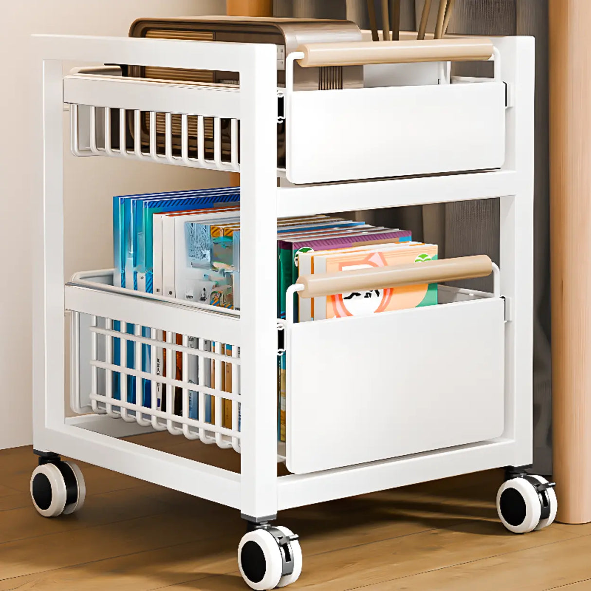 White Freestanding Metal Utility Cart with Drawers Image - 4
