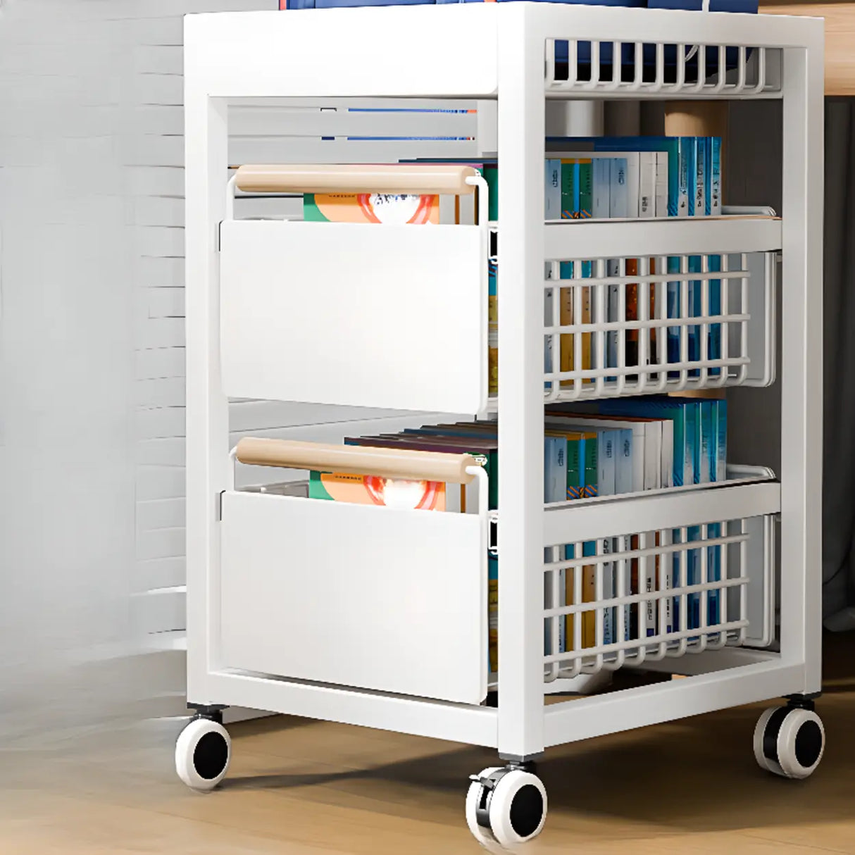 White Freestanding Metal Utility Cart with Drawers Image - 5