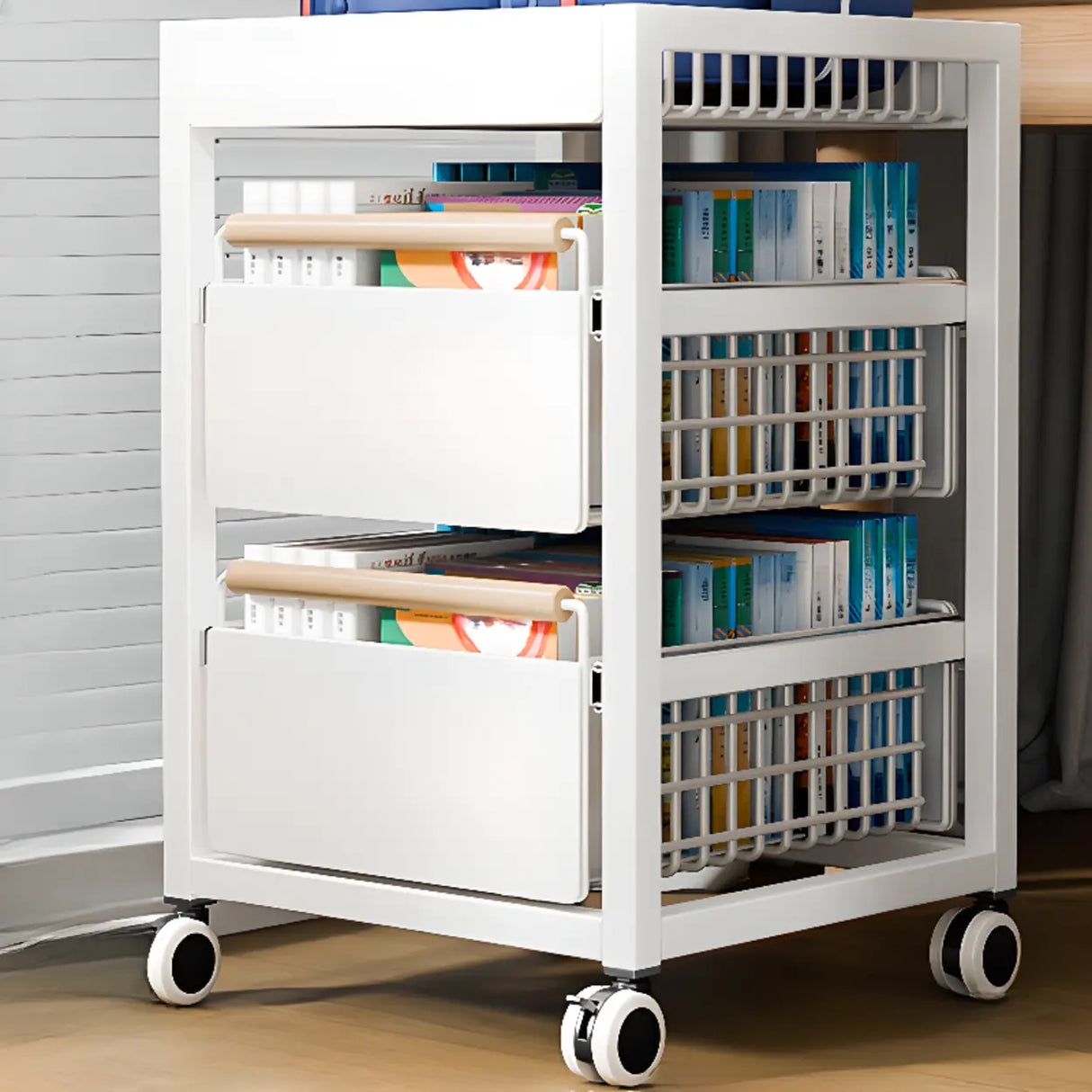 White Freestanding Metal Utility Cart with Drawers Image - 7