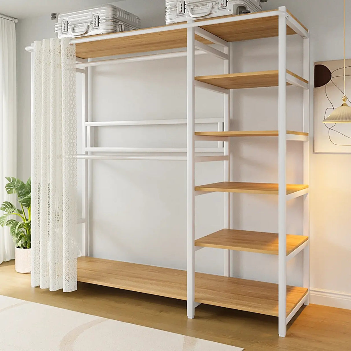 White Freestanding Steel Shelves Coat Rack with Storage Image - 11