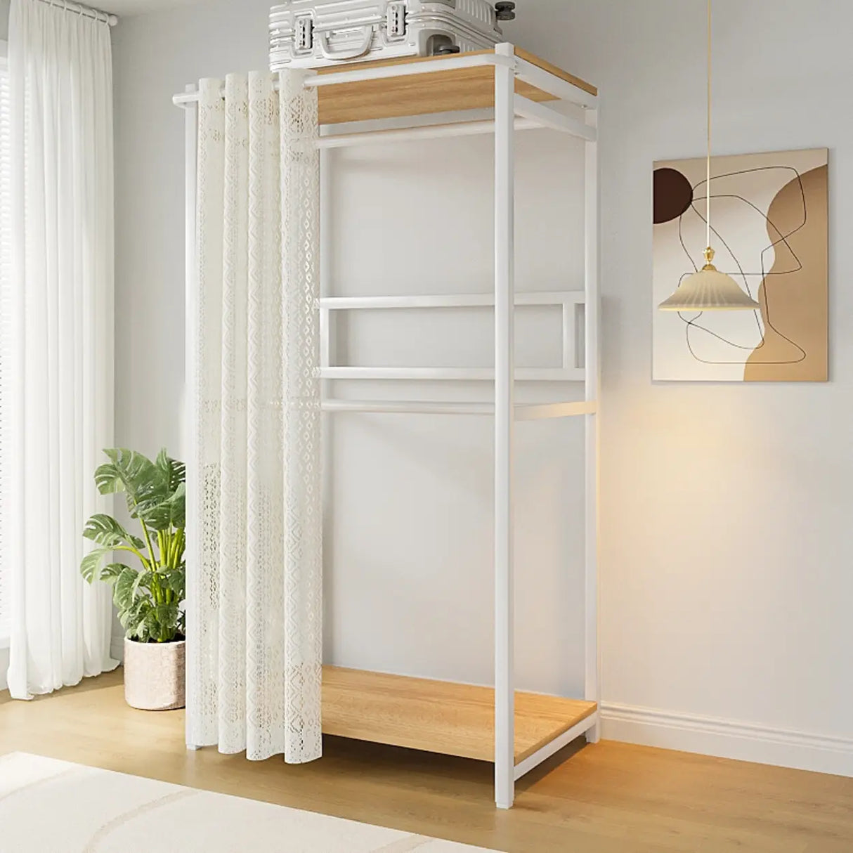 White Freestanding Steel Shelves Coat Rack with Storage Image - 14