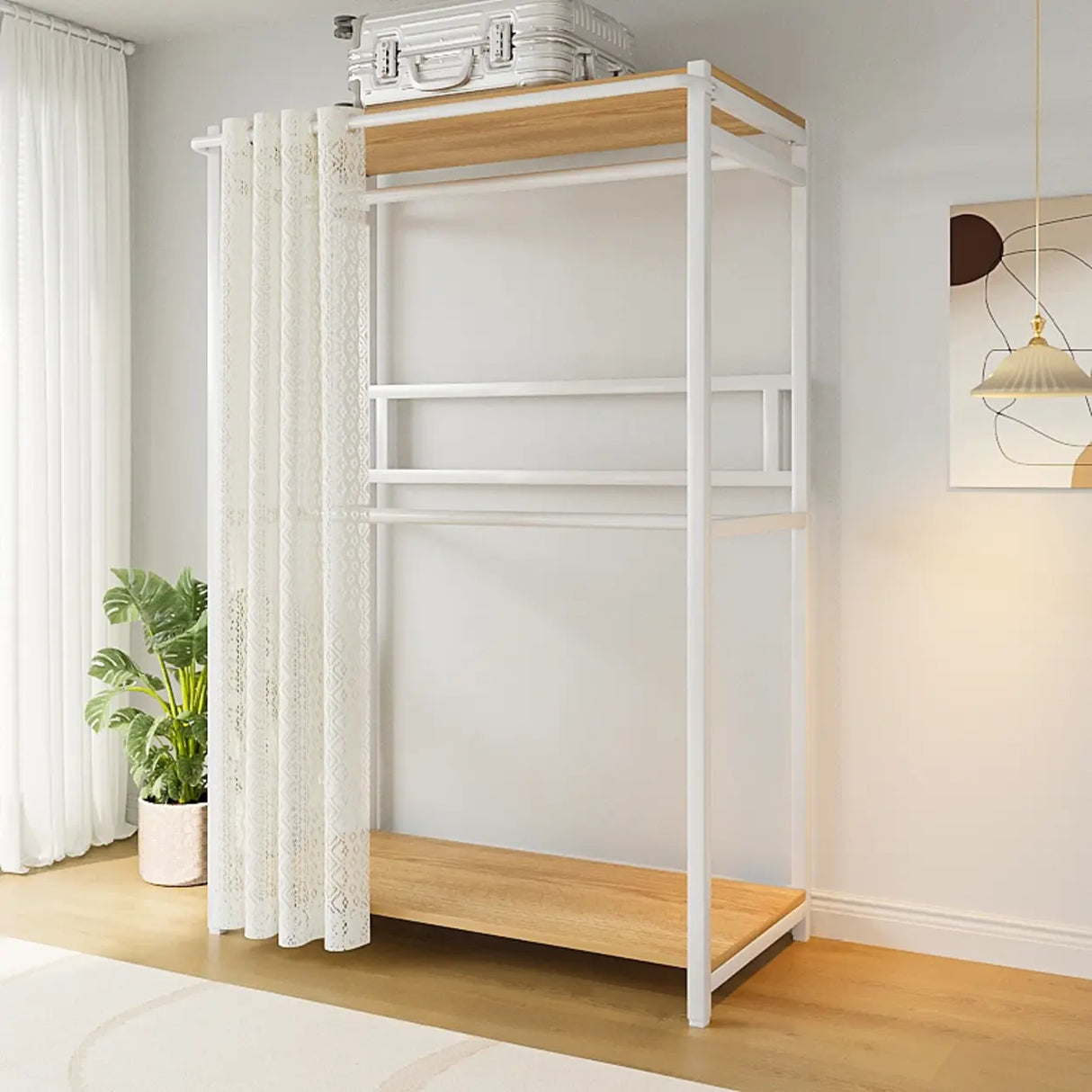 White Freestanding Steel Shelves Coat Rack with Storage Image - 15