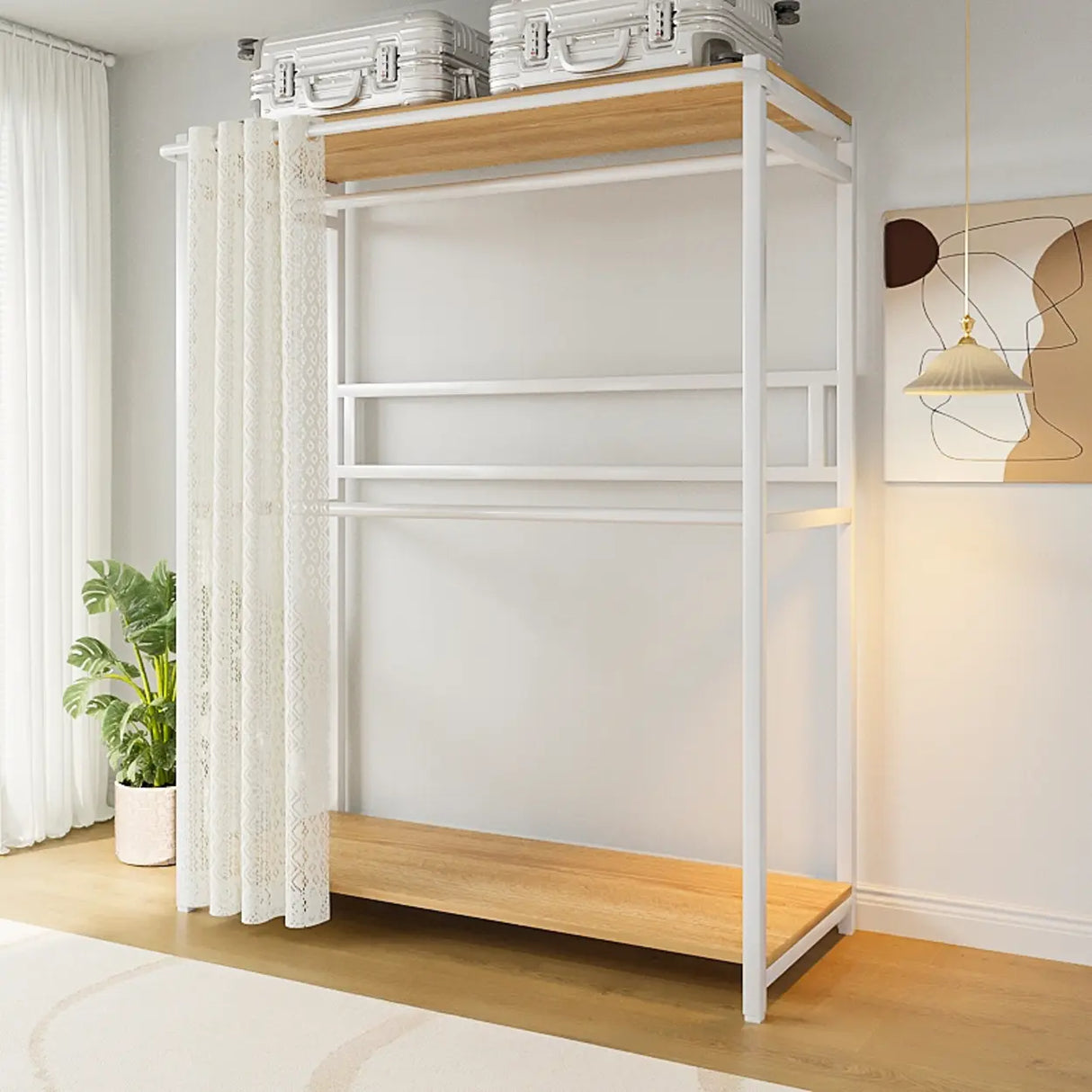 White Freestanding Steel Shelves Coat Rack with Storage Image - 16