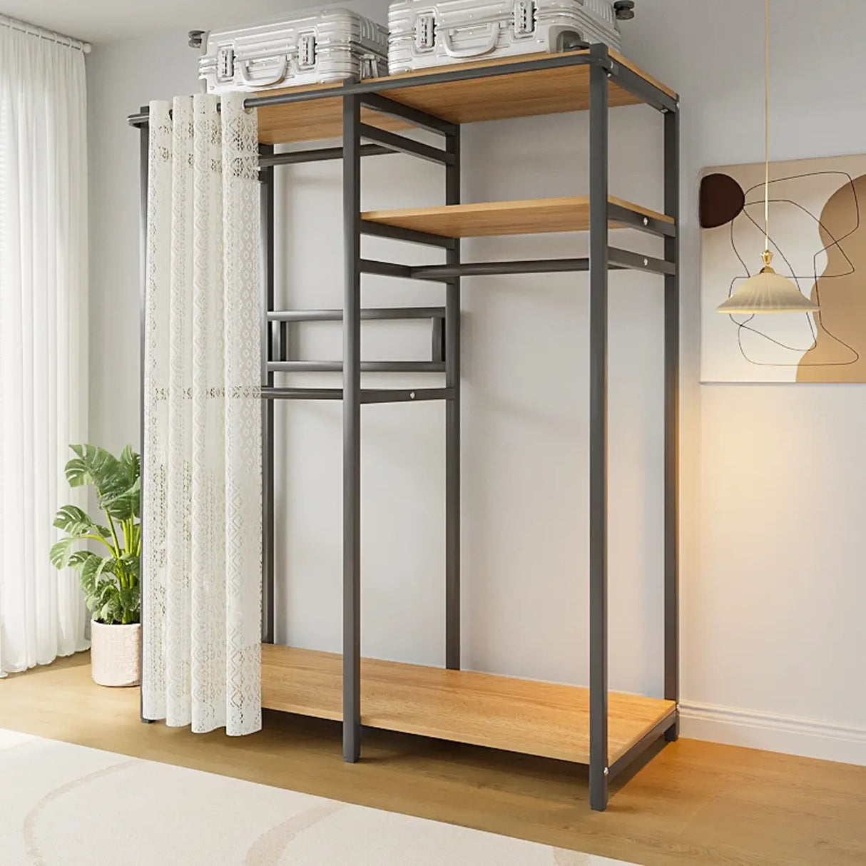 White Freestanding Steel Shelves Coat Rack with Storage Image - 17