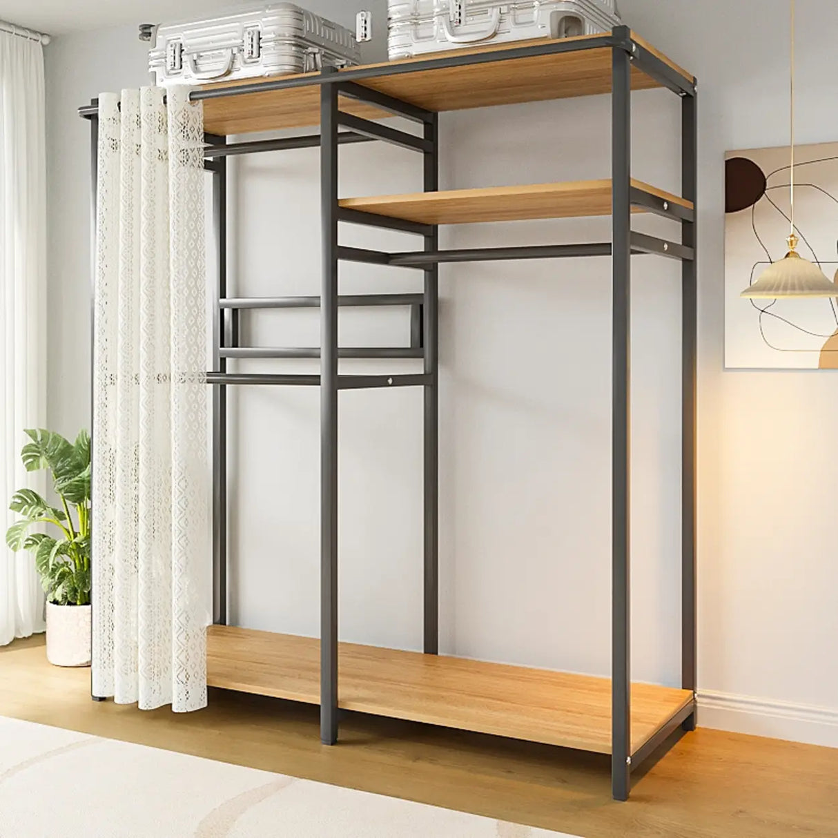 White Freestanding Steel Shelves Coat Rack with Storage Image - 18
