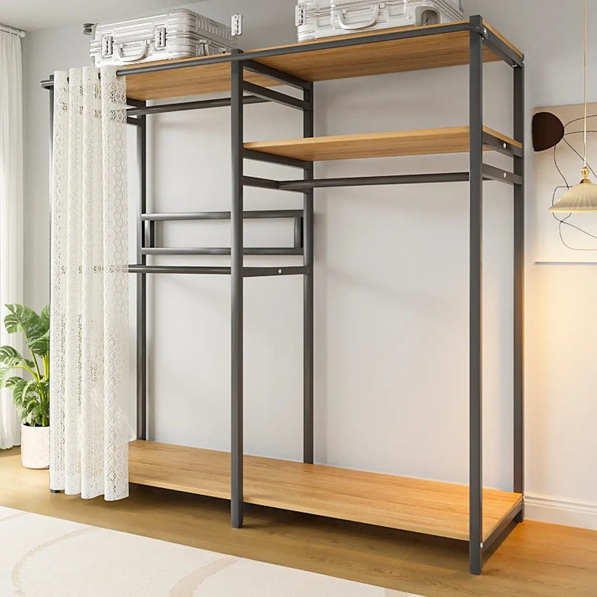 White Freestanding Steel Shelves Coat Rack with Storage Image - 19