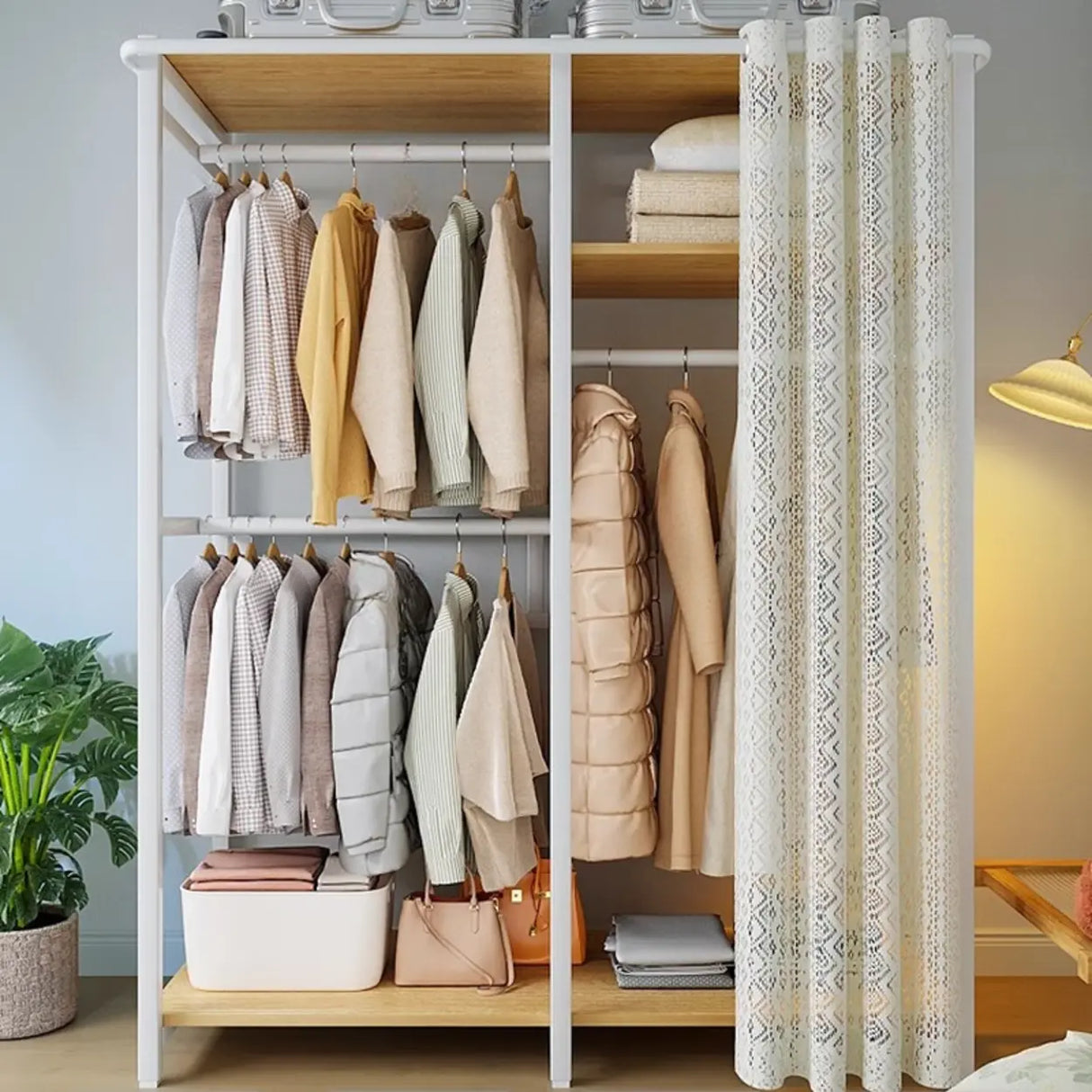 White Freestanding Steel Shelves Coat Rack with Storage Image - 1