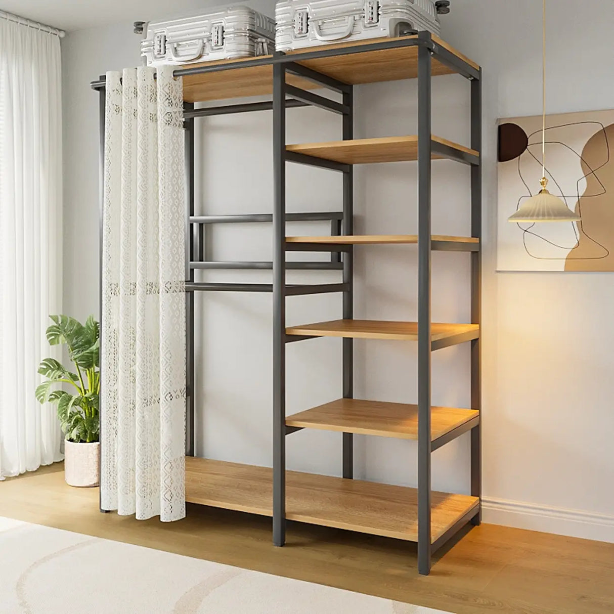 White Freestanding Steel Shelves Coat Rack with Storage Image - 20