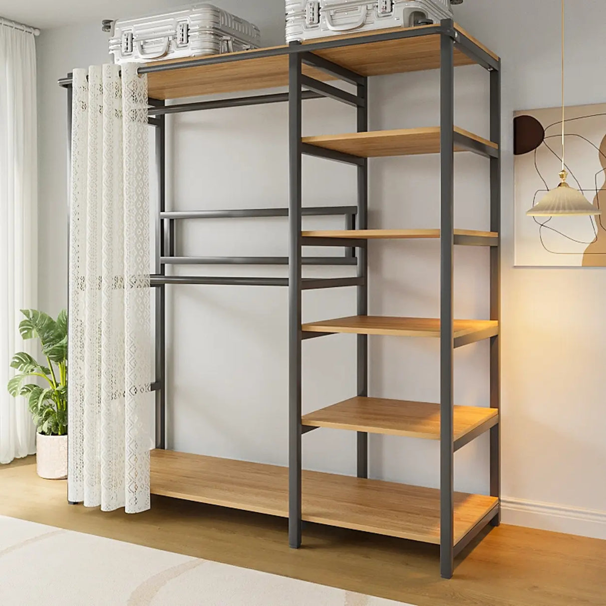 White Freestanding Steel Shelves Coat Rack with Storage Image - 21