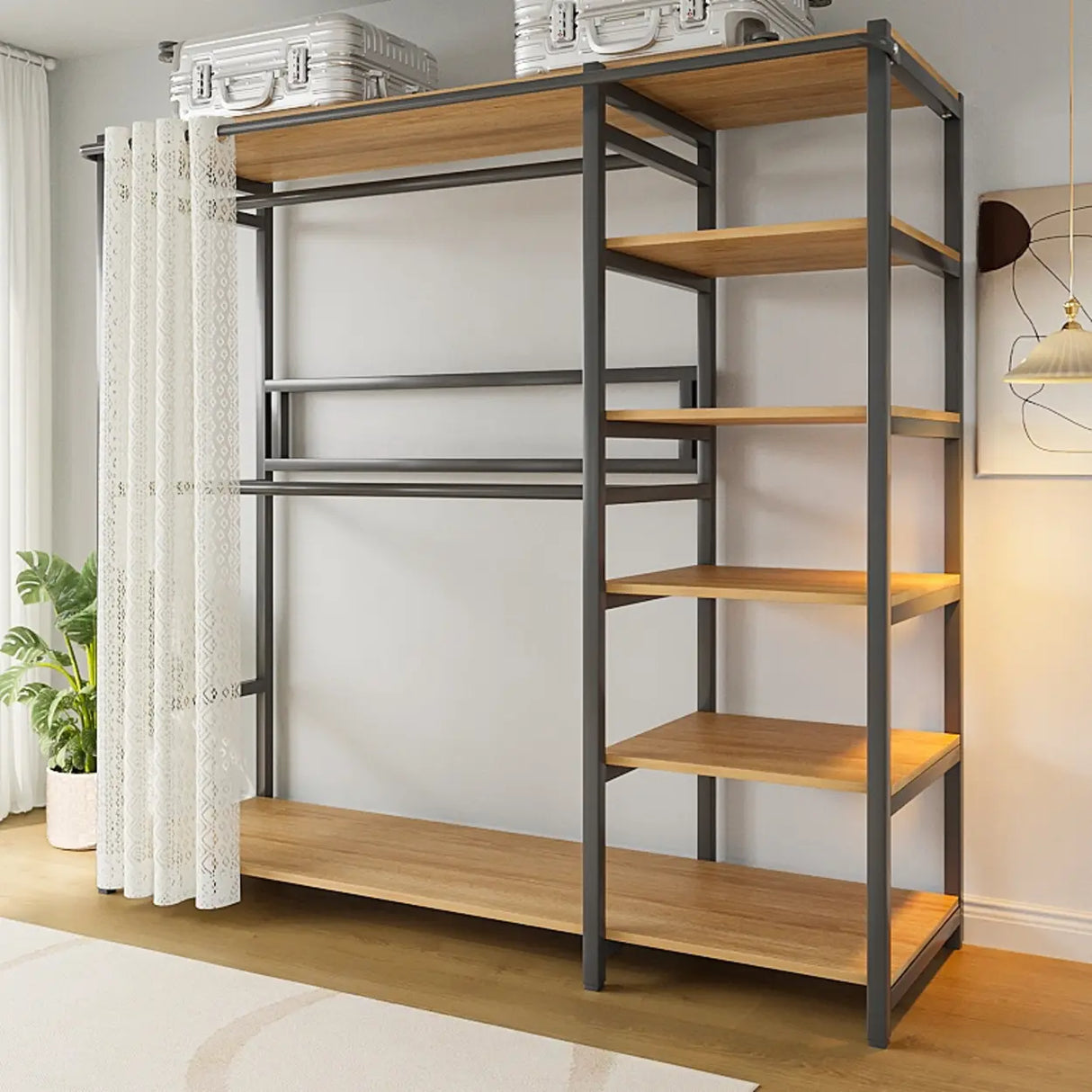 White Freestanding Steel Shelves Coat Rack with Storage Image - 22