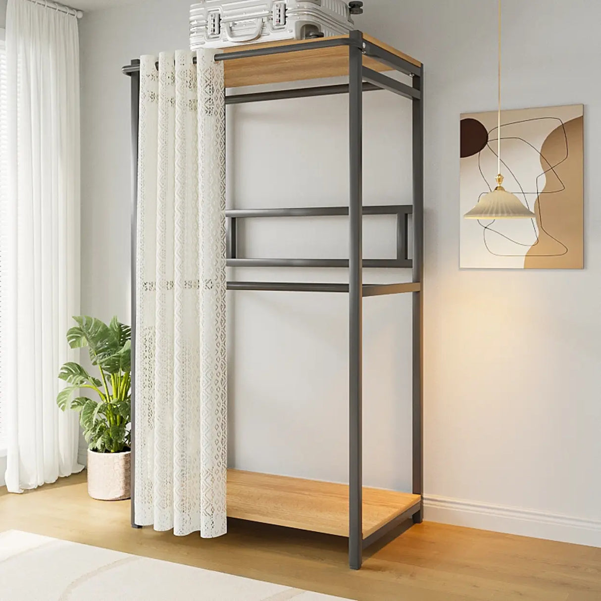White Freestanding Steel Shelves Coat Rack with Storage Image - 23