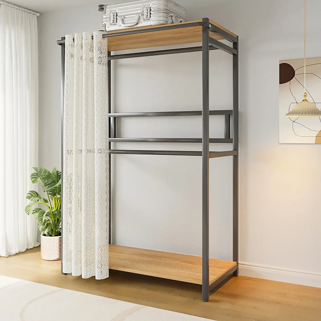 White Freestanding Steel Shelves Coat Rack with Storage Image - 24