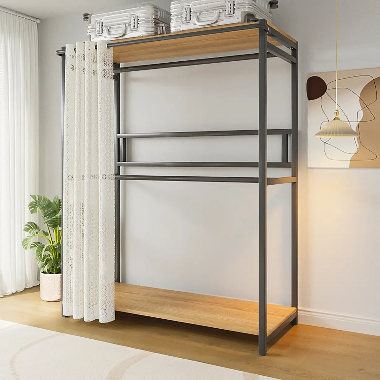White Freestanding Steel Shelves Coat Rack with Storage Image - 25