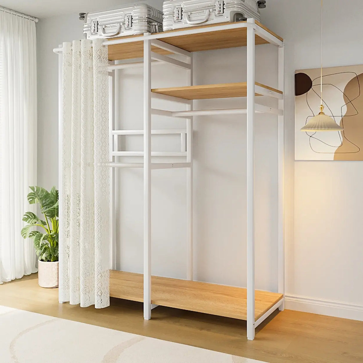 White Freestanding Steel Shelves Coat Rack with Storage Image - 2