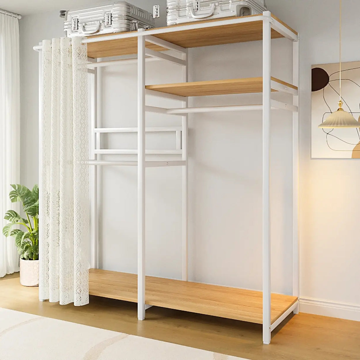 White Freestanding Steel Shelves Coat Rack with Storage Image - 3