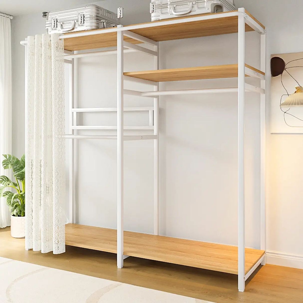 White Freestanding Steel Shelves Coat Rack with Storage Image - 5