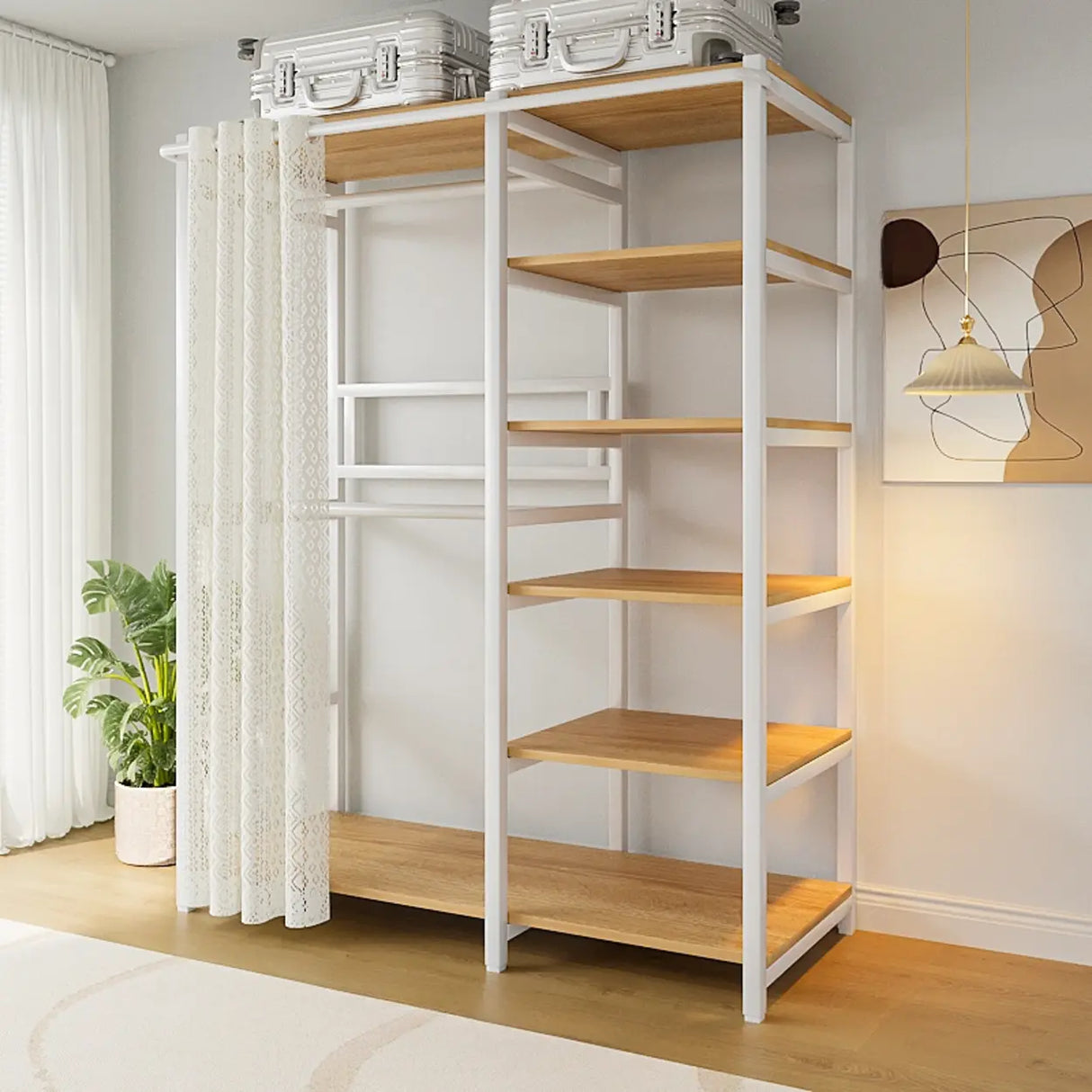 White Freestanding Steel Shelves Coat Rack with Storage Image - 7