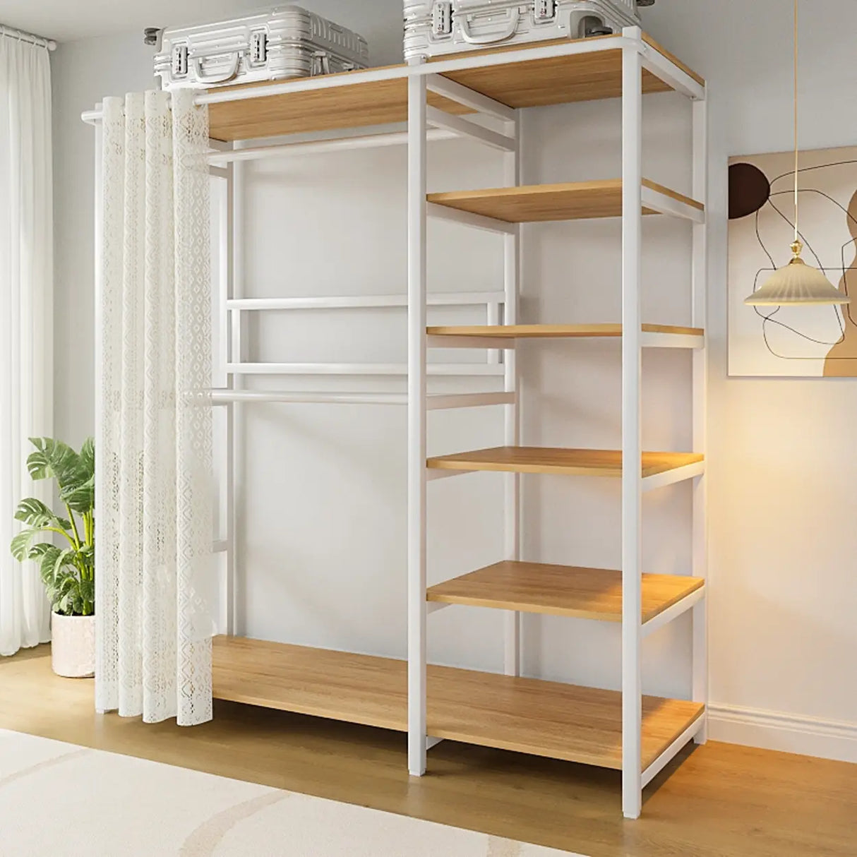 White Freestanding Steel Shelves Coat Rack with Storage Image - 9