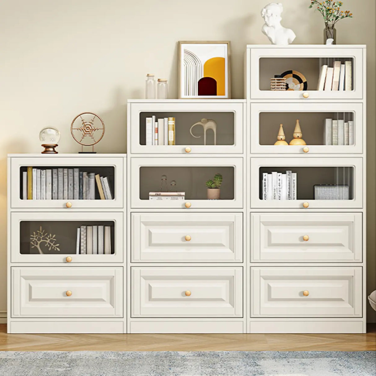 White French Vertical Wood Drawers Storage Bookcase Image - 1