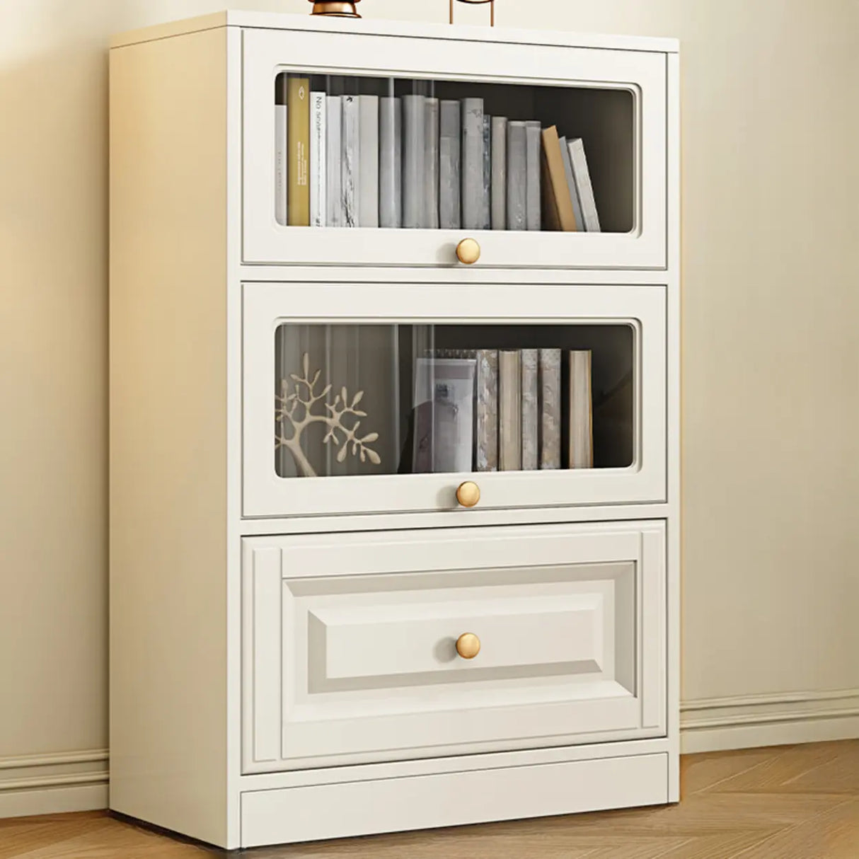 White French Vertical Wood Drawers Storage Bookcase Image - 3